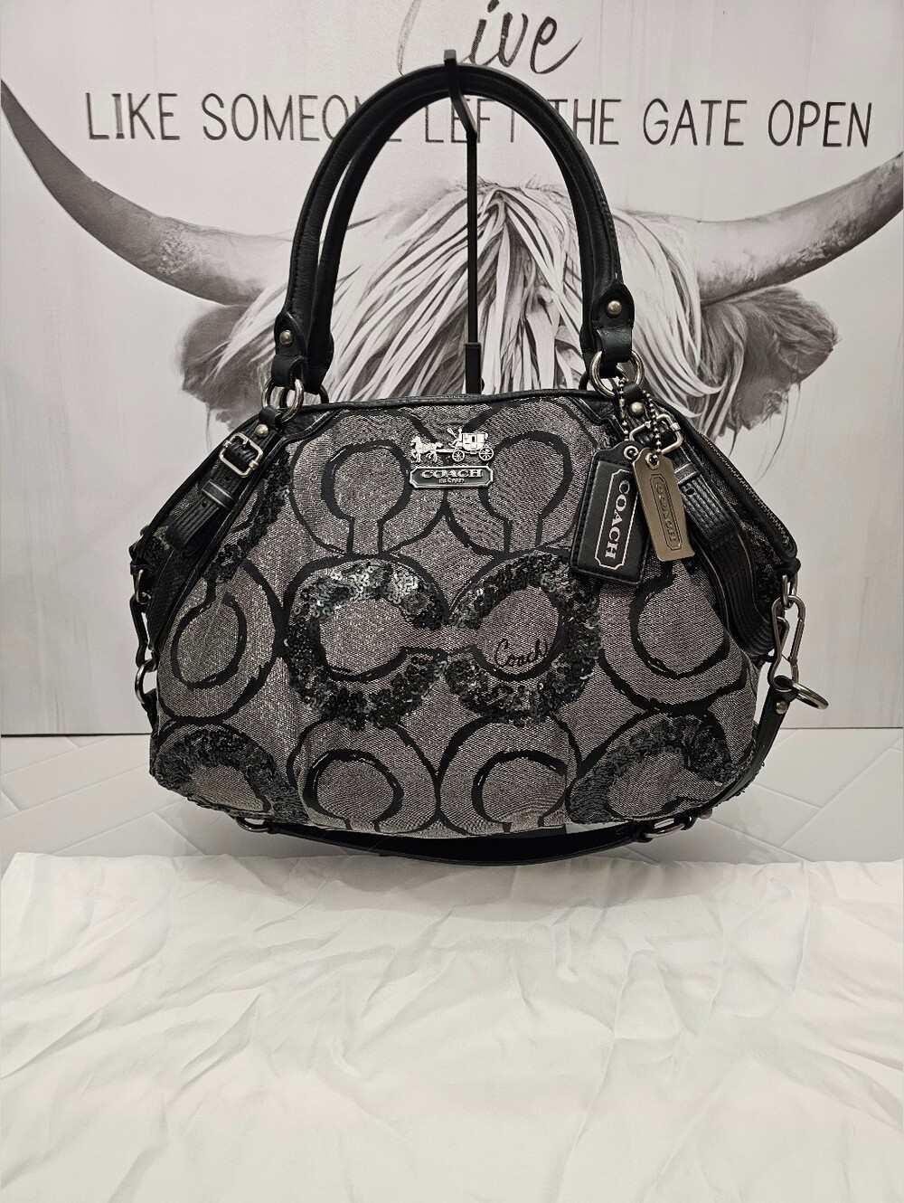 Coach Madison Sophia 15940 Black Silver Sequin Op Art Satchel
